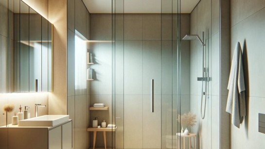 Boxe e chuveiro propiciam maior espaço de movimento e armazenamento.